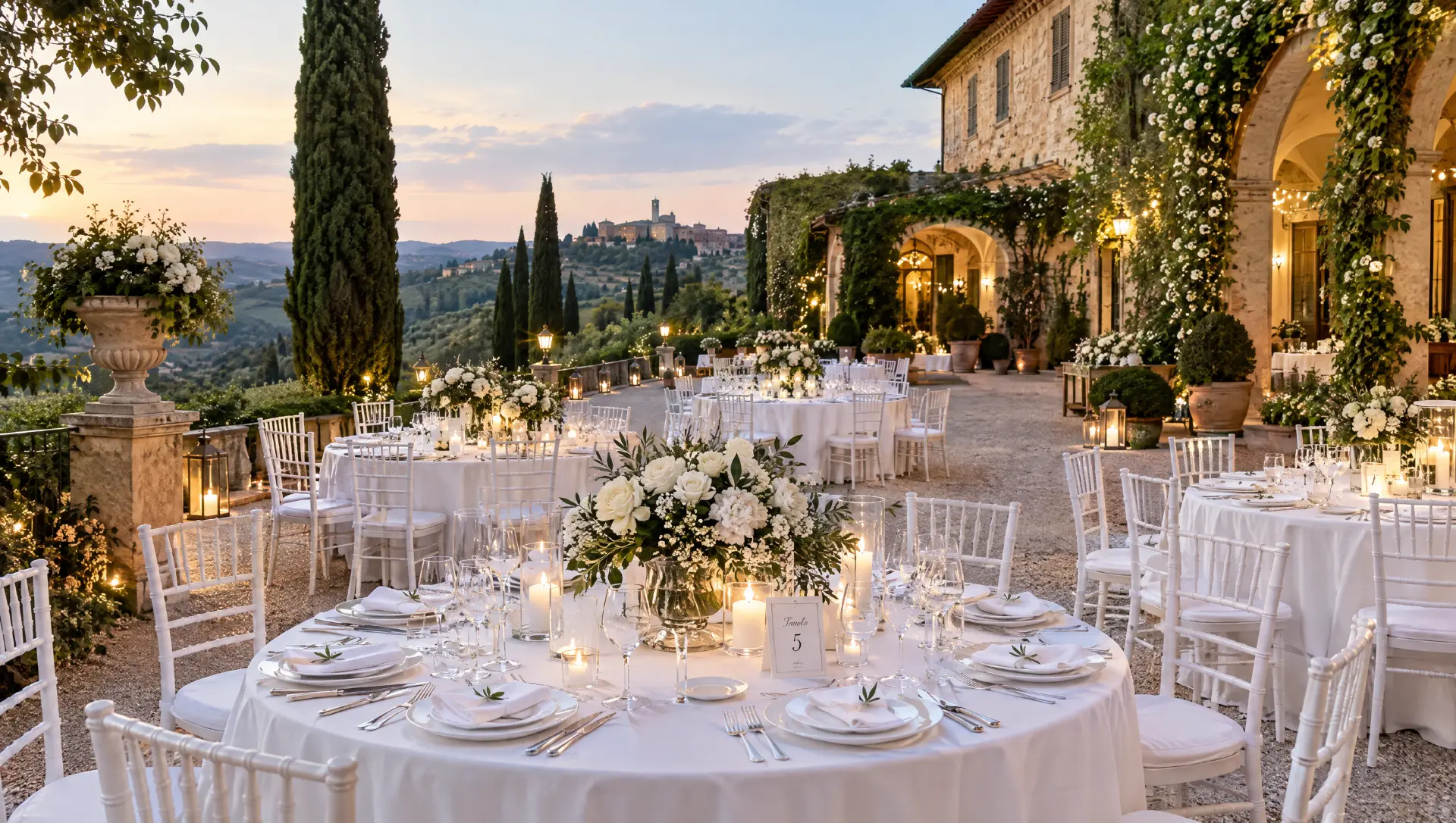 Outdoor evening wedding reception terrace with a set table, floral centrepiece and Italian villa at sunset